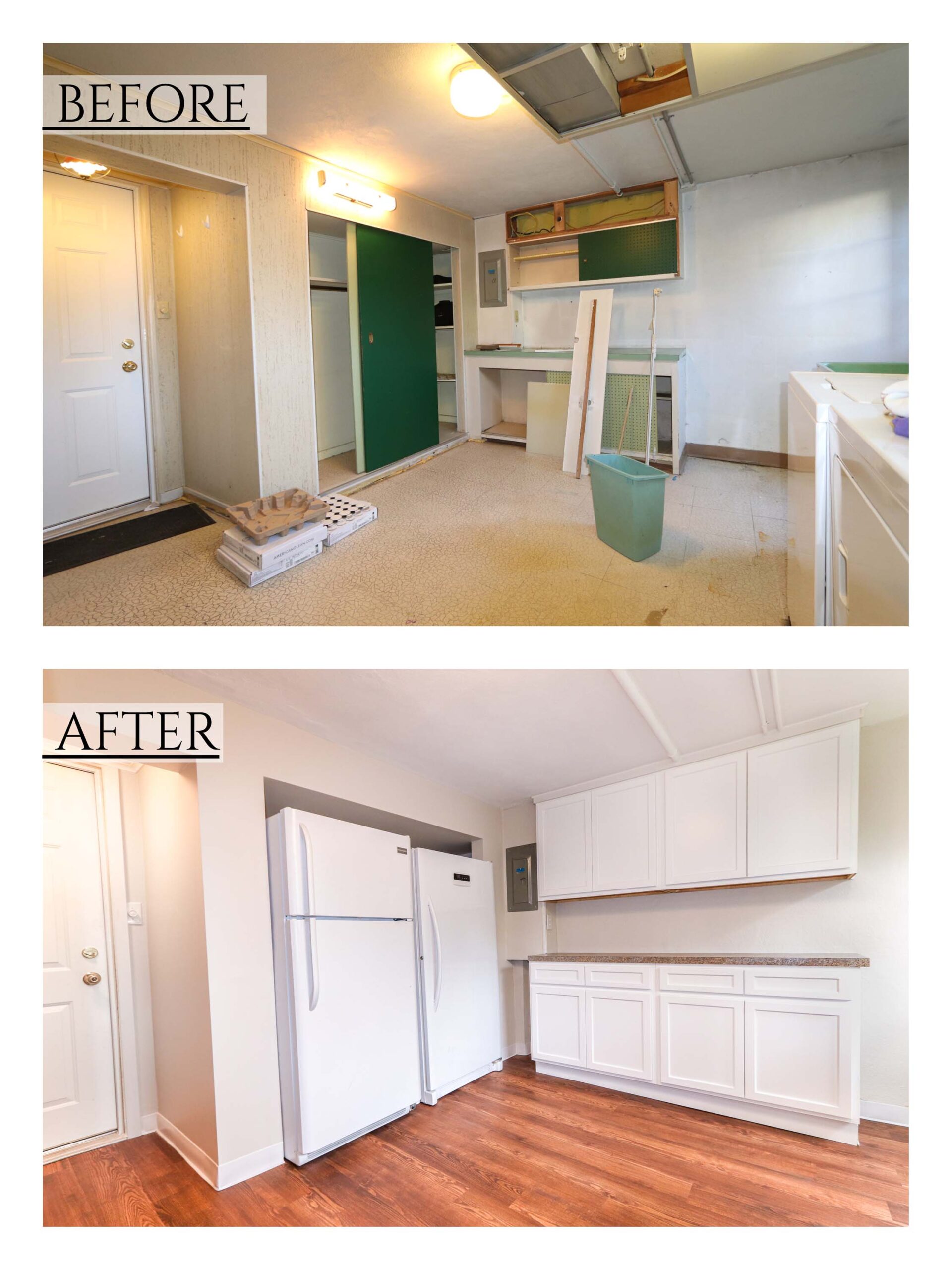 Before and after pictures of residential laundry room & bathroom remodel